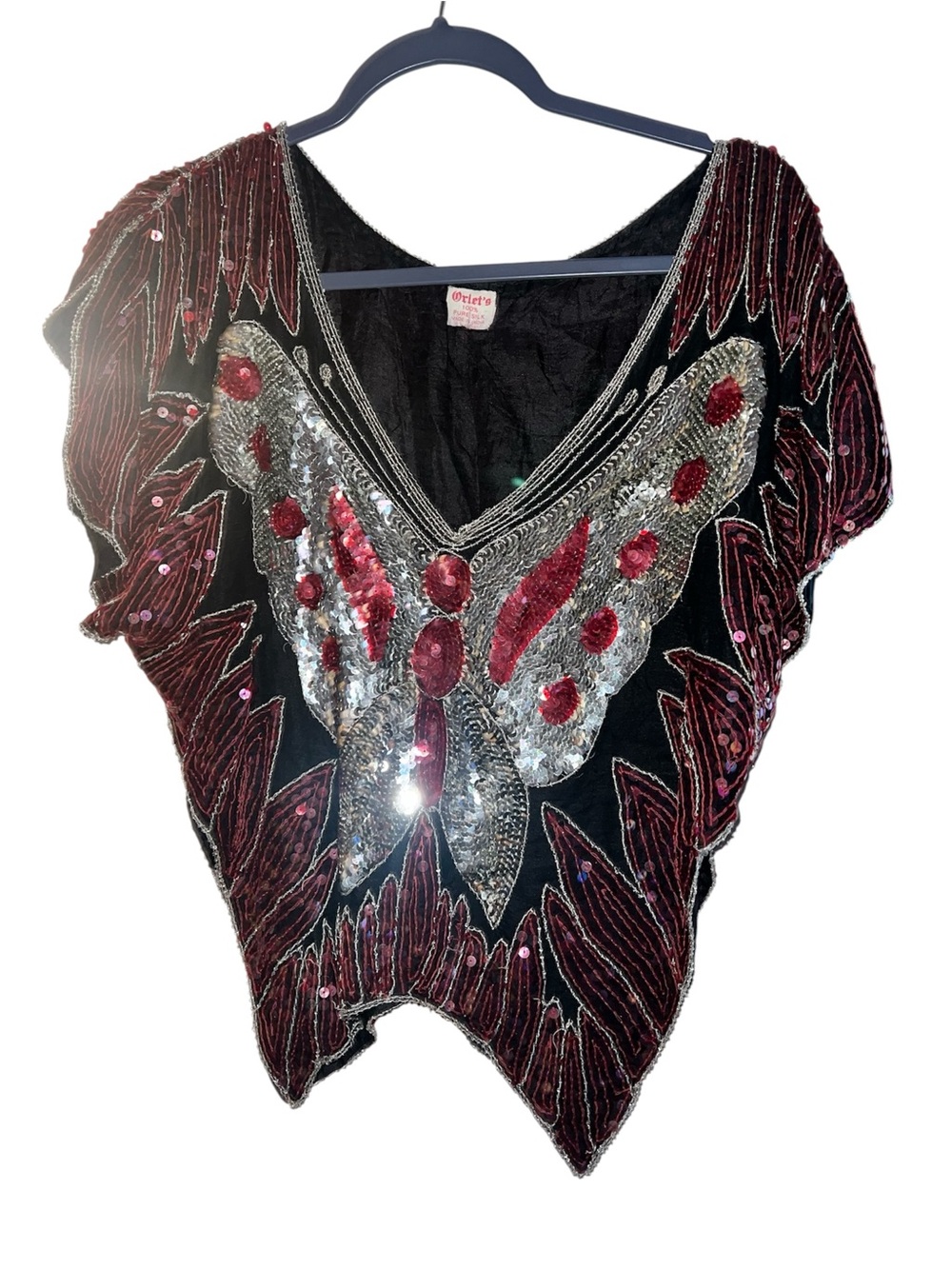 Vintage 80s Orlet's Silk Beaded Butterfly Top Sequin Glam Party Blouse M/L
